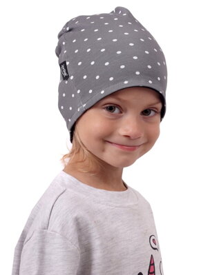 Detská obojstranná bavlnená čiapka, čierna + šedá s bodkami