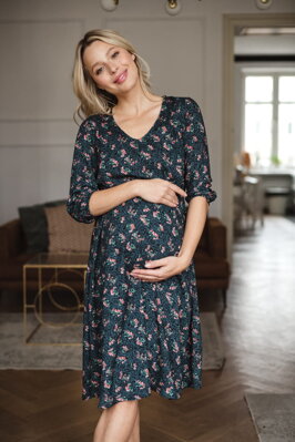 Tehotenské šaty na dojčenie Lovely Midi Dress Graphite with Flowers