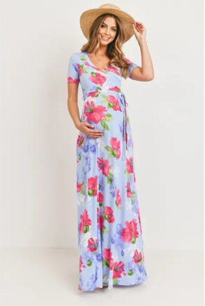 Svetlomodré kvetinové tehotenské maxi šaty na dojčenie Elena