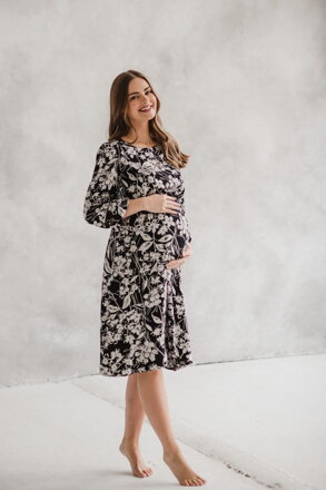 Těhotenské, kojící šaty, dl.rukáv, Lovely Midi Dress Black print