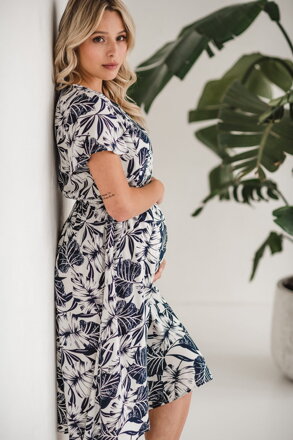 Tehotenské šaty na dojčenie Lovely Midi Dress Cream with Navy Leaves SS