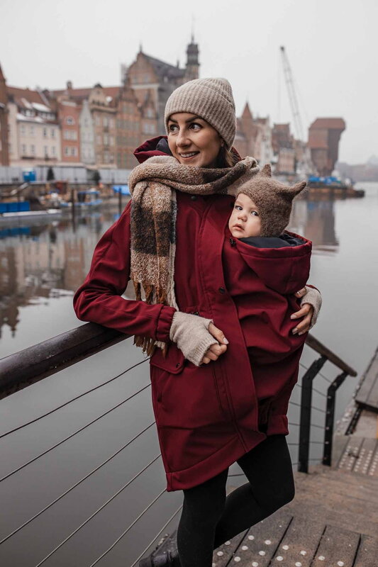 Tehotenská softshellová parka/ kabát 5v1 na nosenie detí, Burgundy