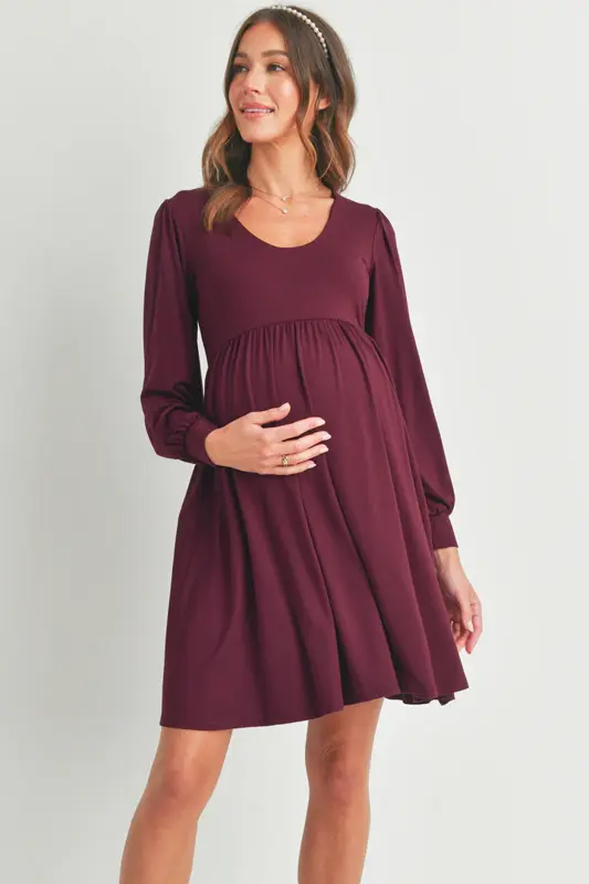 Tehotenské šaty s dlhým rukávom a vreckami Dahlia Burgundy