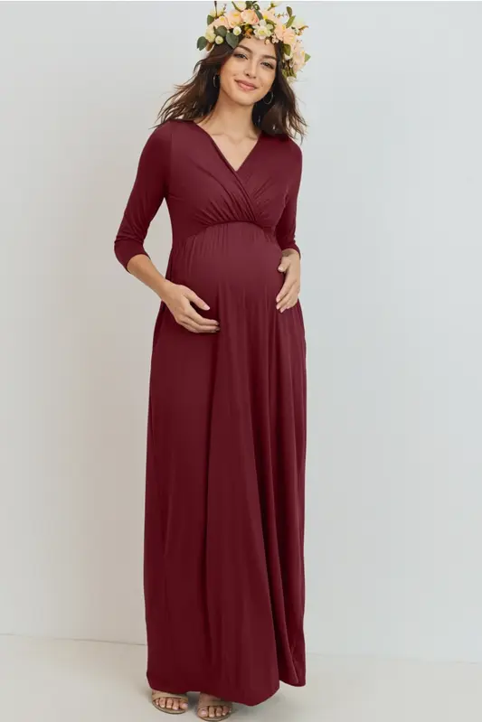 Tehotenské maxi šaty na dojčenie s 3/4 rukávom Natalie Burgundy