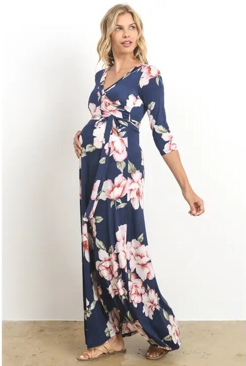 Tehotenské kvetinové maxi šaty Thalia Navy