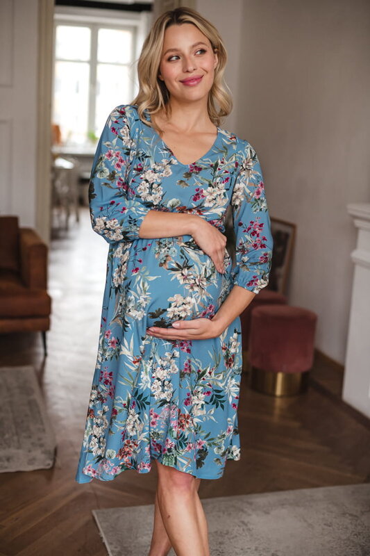 Tehotenské šaty na dojčenie Lovely Midi Dress Blue with Flowers Tehotenské šaty na dojčenie Lovely Midi Dress Blue with Flowers