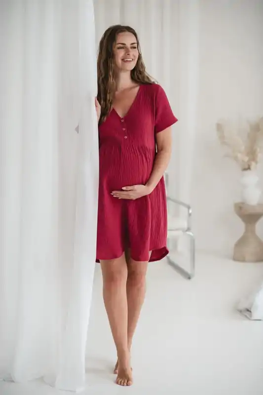 Tehotenská mušelínová nočná košeľa Aurora Red 