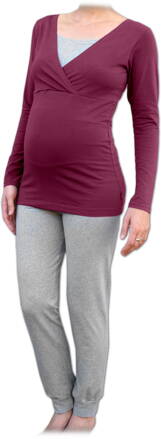 Tehotenské pyžamo na dojčenie, dlhý rukáv, cyklamen - šedý melír