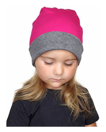 Detská obojstranná bavlnená čiapka, tm.šedý melír + tm.ružová
