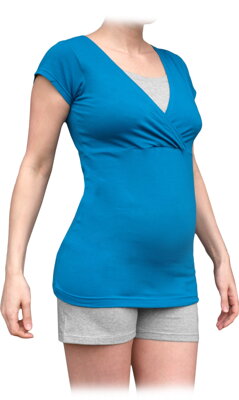 Tehotenské pyžamo na dojčenie, krátky rukáv, petrol - šedý melír