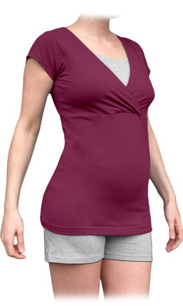 Tehotenské pyžamo na dojčenie, krátky rukáv, cyklamen - šedý melír