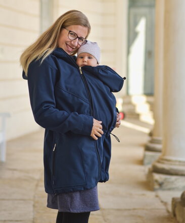Pavla 2 tmavomodrá - softshellová bunda na predné nosenie detí aj s tehotenskou vsadkou