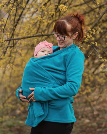 Zina - tehotenský a nosiaci zavinovací flísový kabátik, tyrkysový