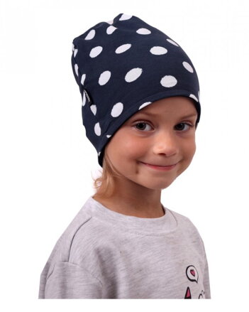 Detská bavlnená čiapka, obojstranná, čierna+modá s bodkami