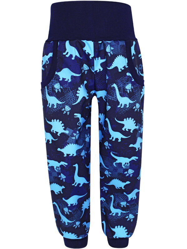 Chlapčenské softshellové nohavice s fleecom, Dinosaury na modrej 