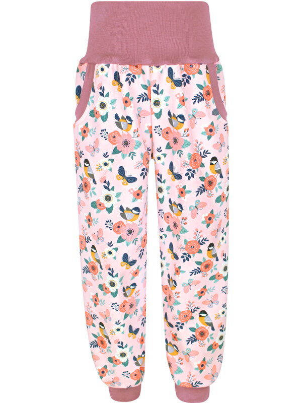 Dievčenské softshellové nohavice s fleecom, Vtáky s kvetmi
