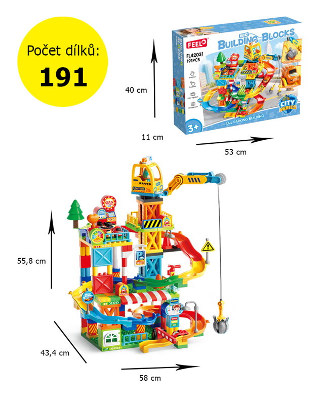 Stavebnica parkovací dom s dráhou a žeriavom – veľké kocky pre deti od 3 rokov, 191 dielikov